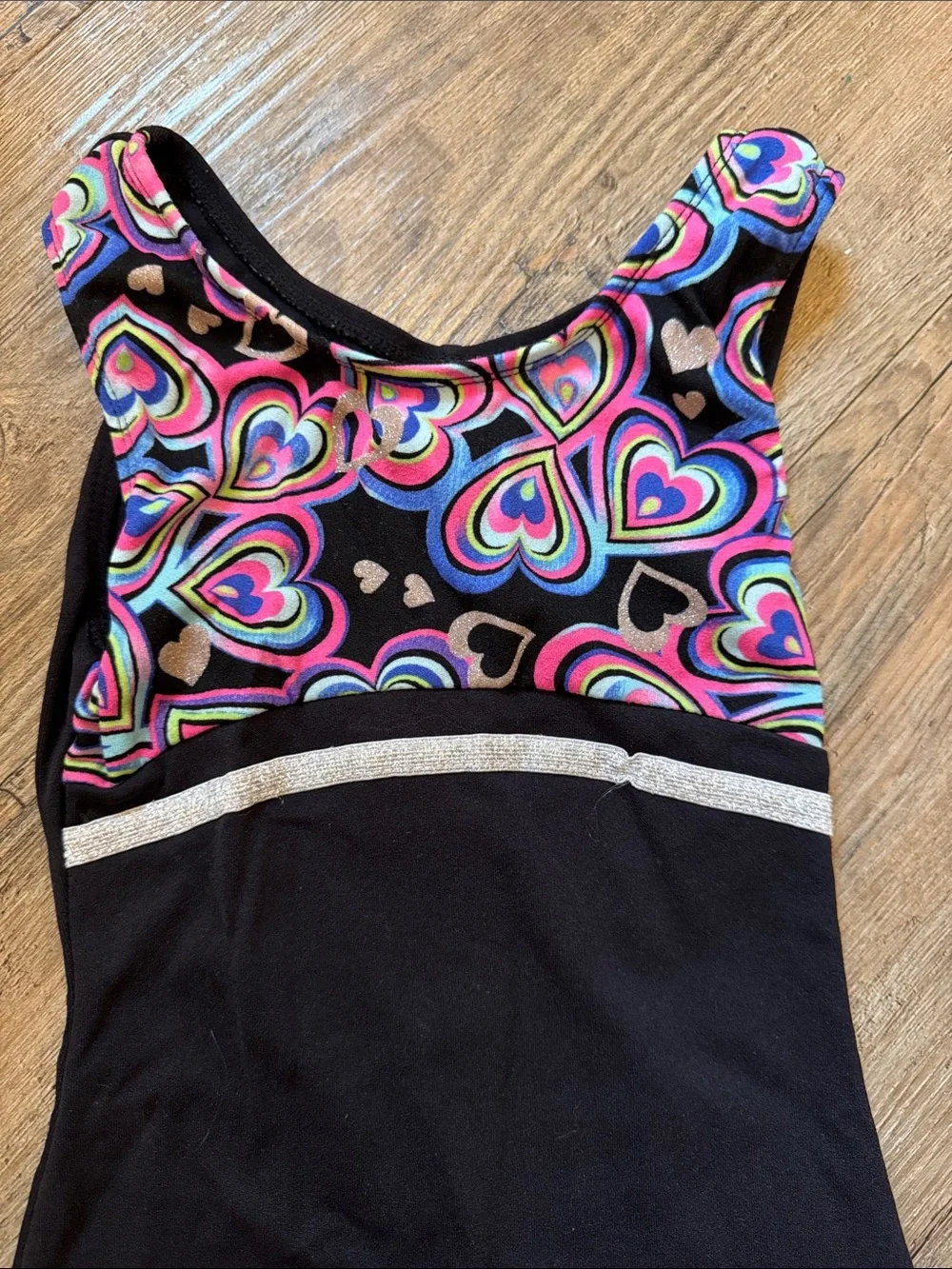 Black Dance Unitard with Bright Heart Print and Silver Band